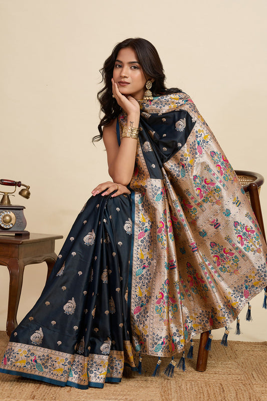 Navy Blue Banarasi Silk Saree with Rich Contrast Pallu Festive Wear Saree