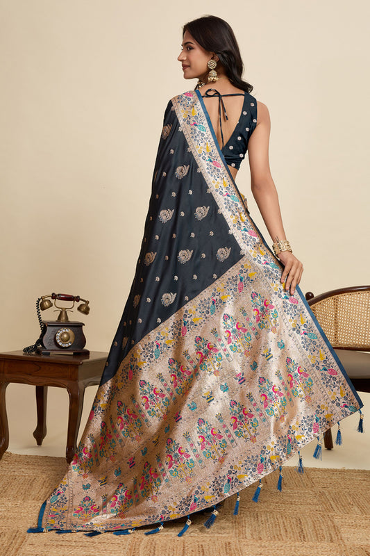 Navy Blue Banarasi Silk Saree with Rich Contrast Pallu Festive Wear Saree