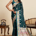 Teal Green Banarasi Silk Saree Multicolor Contrast Pallu Festive Wear