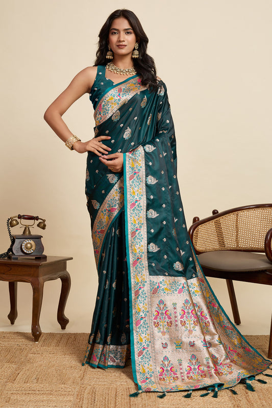 Teal Green Banarasi Silk Saree Multicolor Contrast Pallu Festive Wear