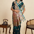 Teal Green Banarasi Silk Saree Multicolor Contrast Pallu Festive Wear