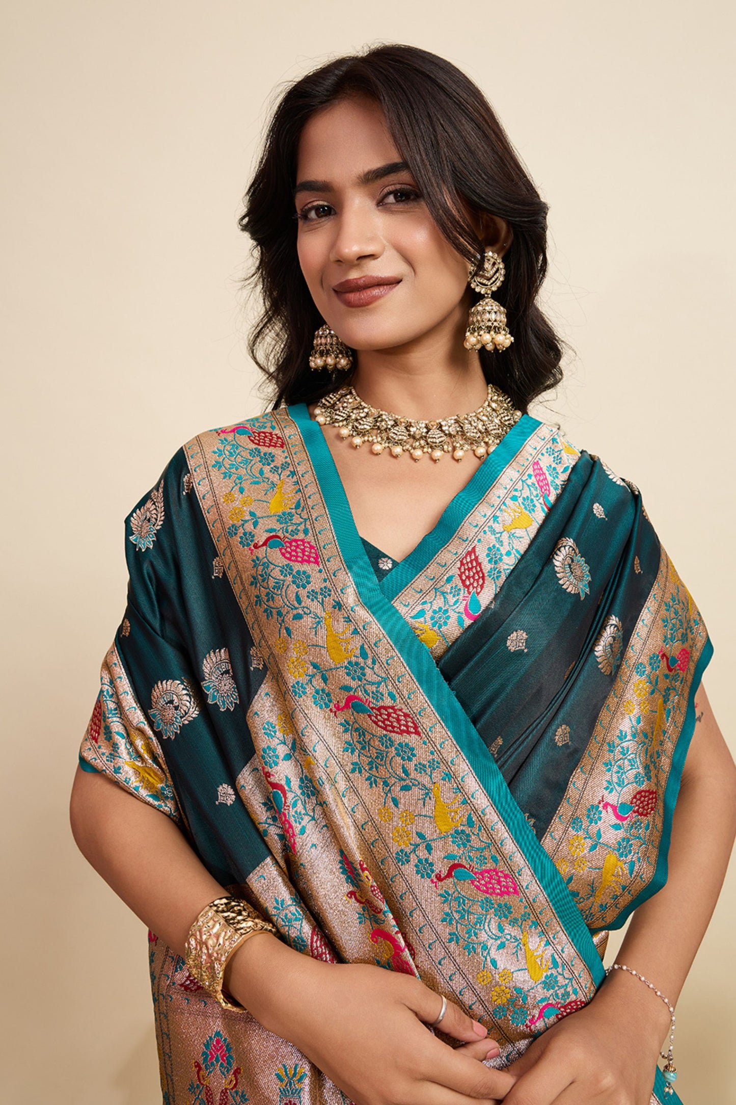 Teal Green Banarasi Silk Saree Multicolor Contrast Pallu Festive Wear
