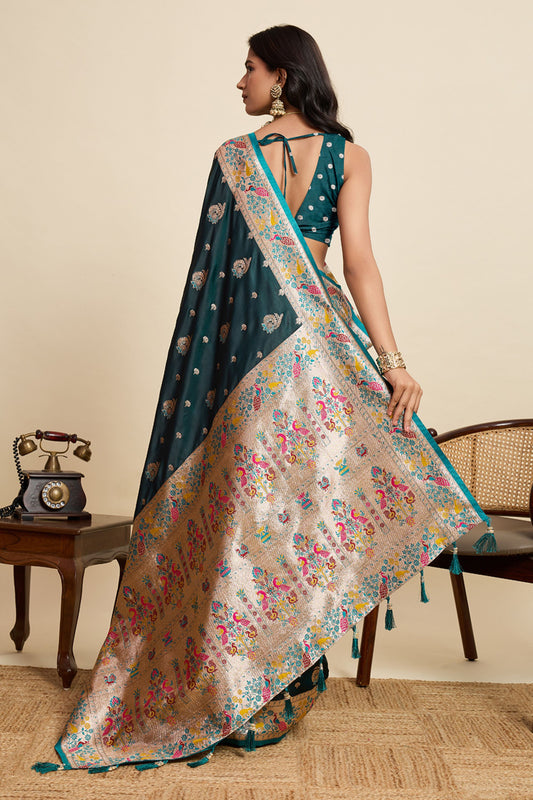 Teal Green Banarasi Silk Saree Multicolor Contrast Pallu Festive Wear