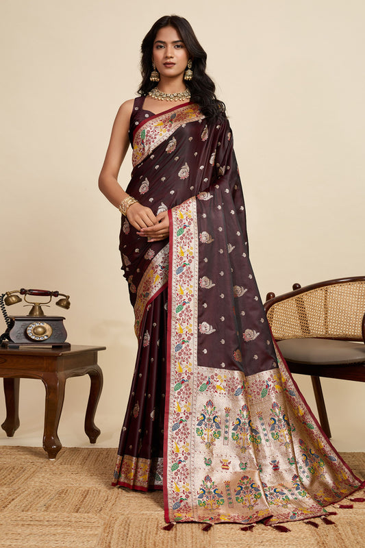 Maroon Banarasi Silk Saree Multicolor Floral Pallu Party Wear