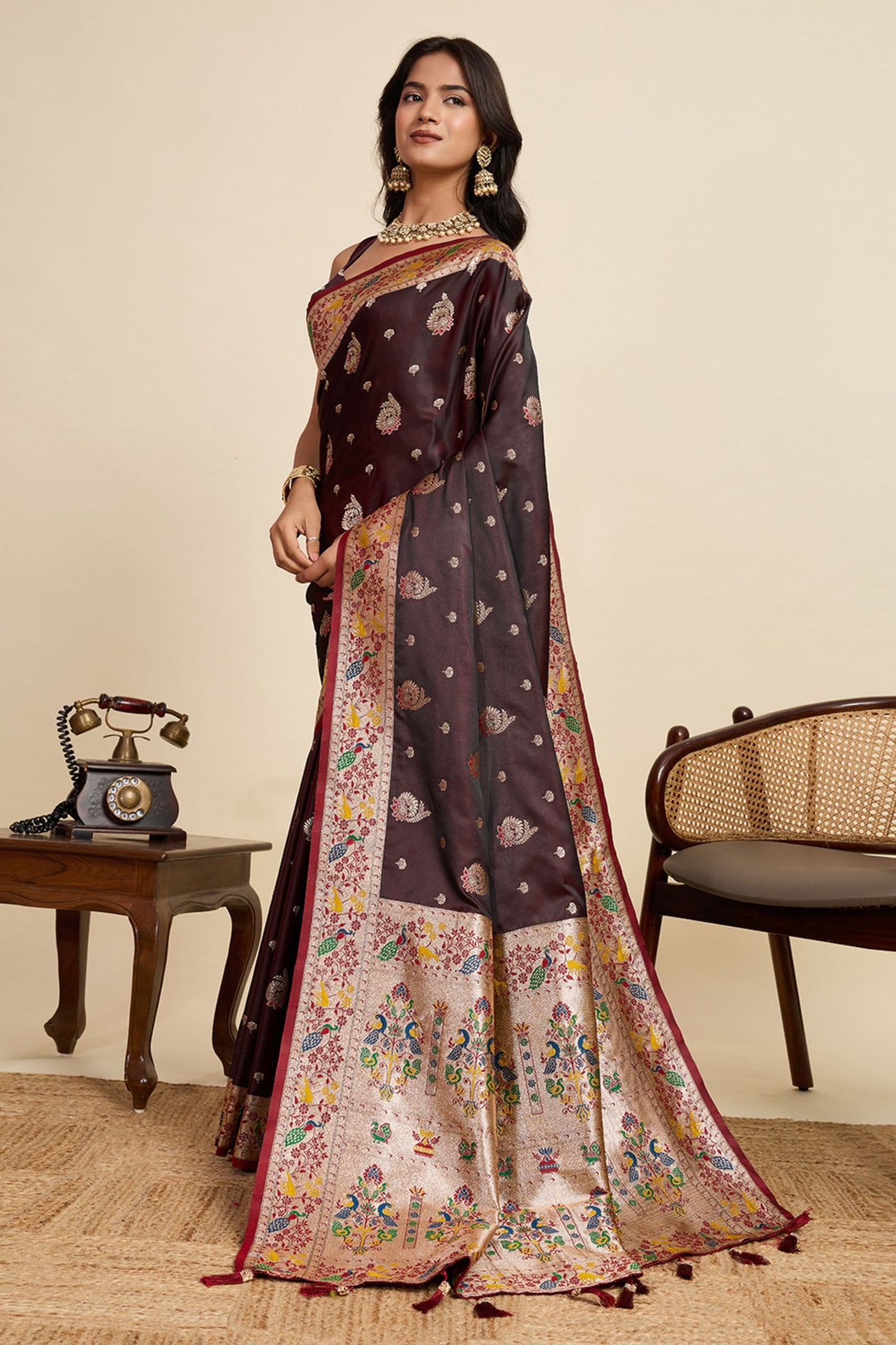 Maroon Banarasi Silk Saree Multicolor Floral Pallu Party Wear