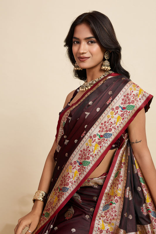 Maroon Banarasi Silk Saree Multicolor Floral Pallu Party Wear