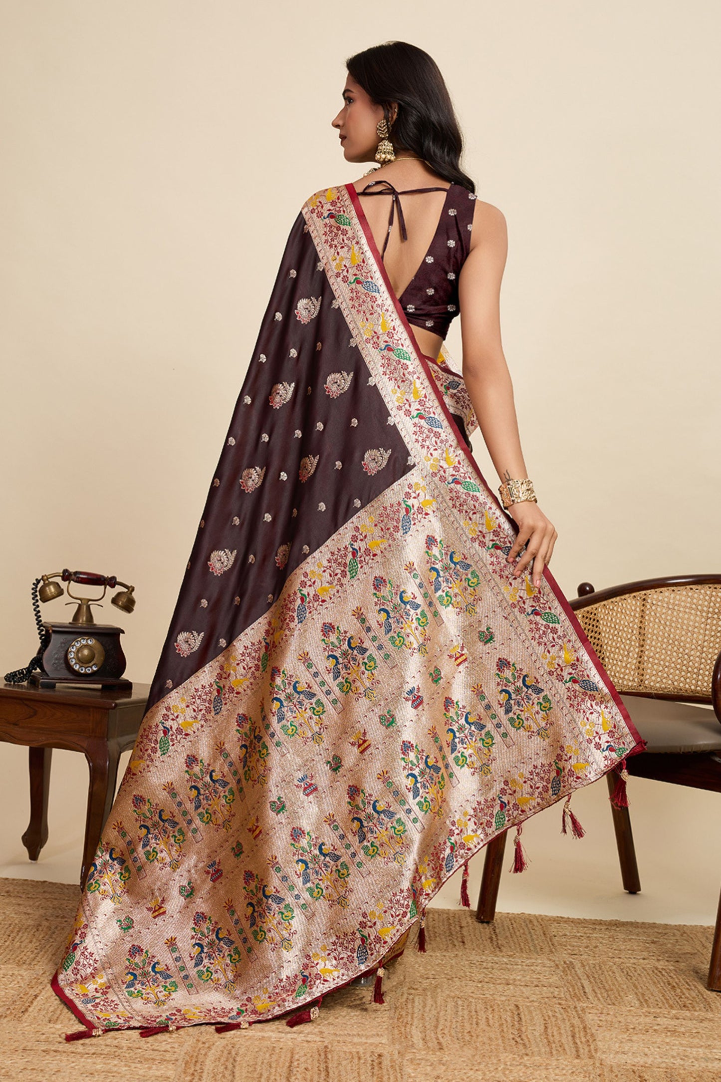 Maroon Banarasi Silk Saree Multicolor Floral Pallu Party Wear
