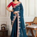 Teal Blue Saree with Red Blouse Designer Party Wear Silk Saree