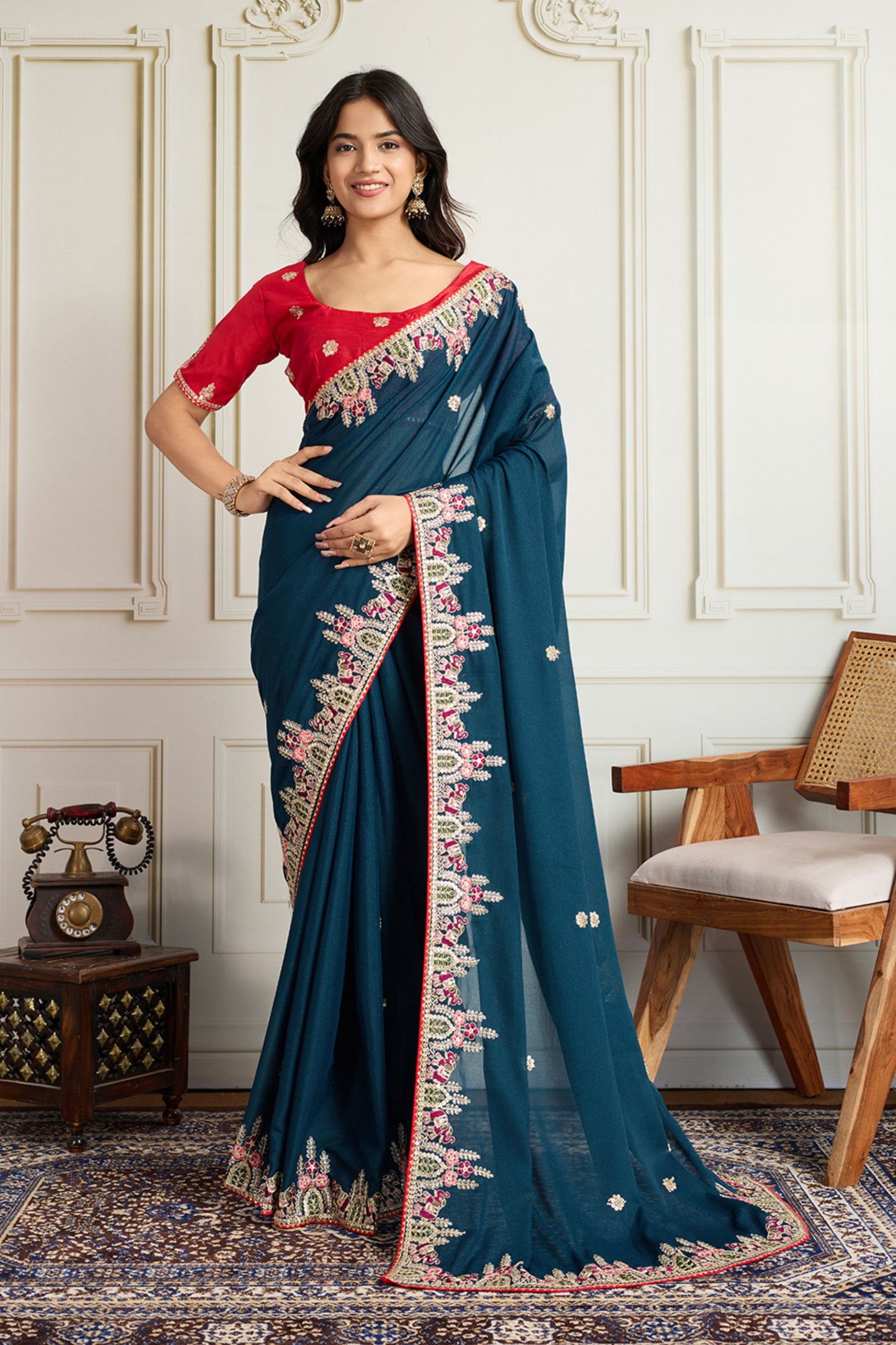 Teal Blue Saree with Red Blouse Designer Party Wear Silk Saree