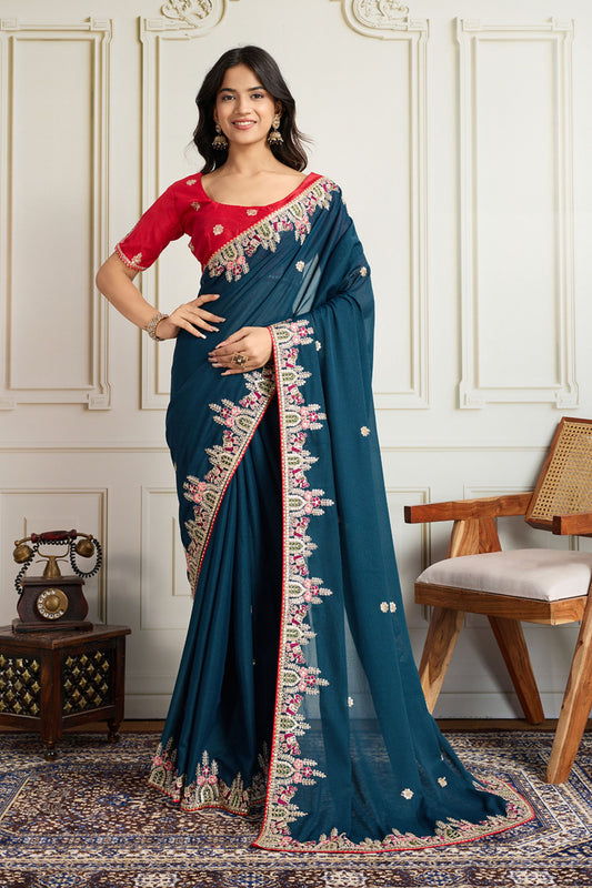 Teal Blue Saree with Red Blouse Designer Party Wear Silk Saree