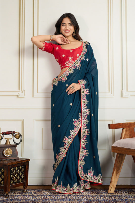 Teal Blue Saree with Red Blouse Designer Party Wear Silk Saree