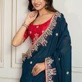 Teal Blue Saree with Red Blouse Designer Party Wear Silk Saree