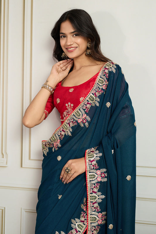 Teal Blue Saree with Red Blouse Designer Party Wear Silk Saree