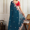 Teal Blue Saree with Red Blouse Designer Party Wear Silk Saree