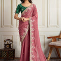 Dusty Pink Saree with Green Blouse Designer Party Wear Silk Saree