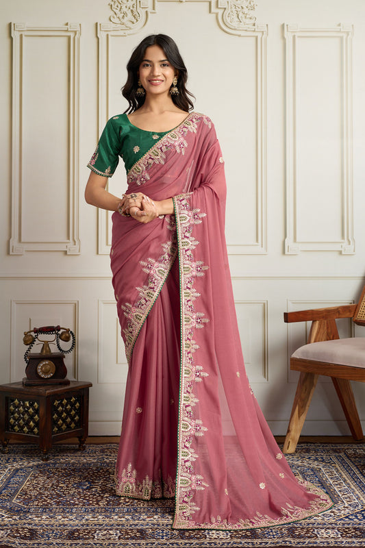 Dusty Pink Saree with Green Blouse Designer Party Wear Silk Saree