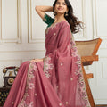 Dusty Pink Saree with Green Blouse Designer Party Wear Silk Saree