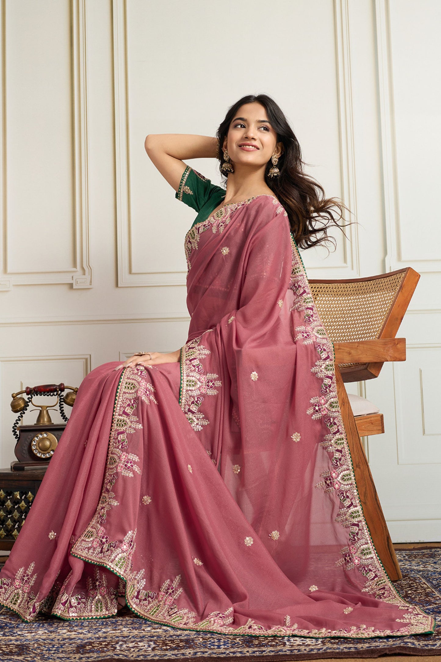 Dusty Pink Saree with Green Blouse Designer Party Wear Silk Saree