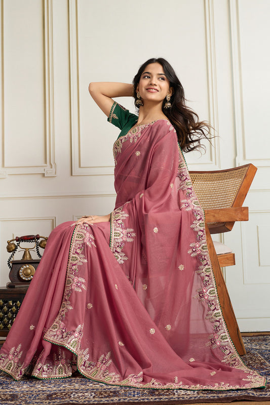 Dusty Pink Saree with Green Blouse Designer Party Wear Silk Saree