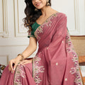 Dusty Pink Saree with Green Blouse Designer Party Wear Silk Saree