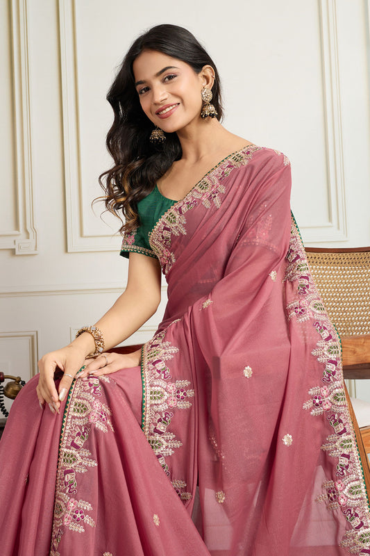 Dusty Pink Saree with Green Blouse Designer Party Wear Silk Saree