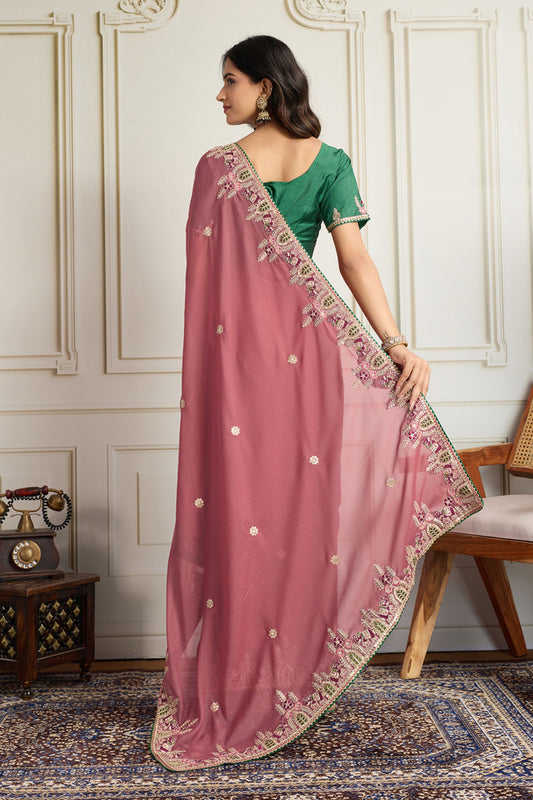 Dusty Pink Saree with Green Blouse Designer Party Wear Silk Saree