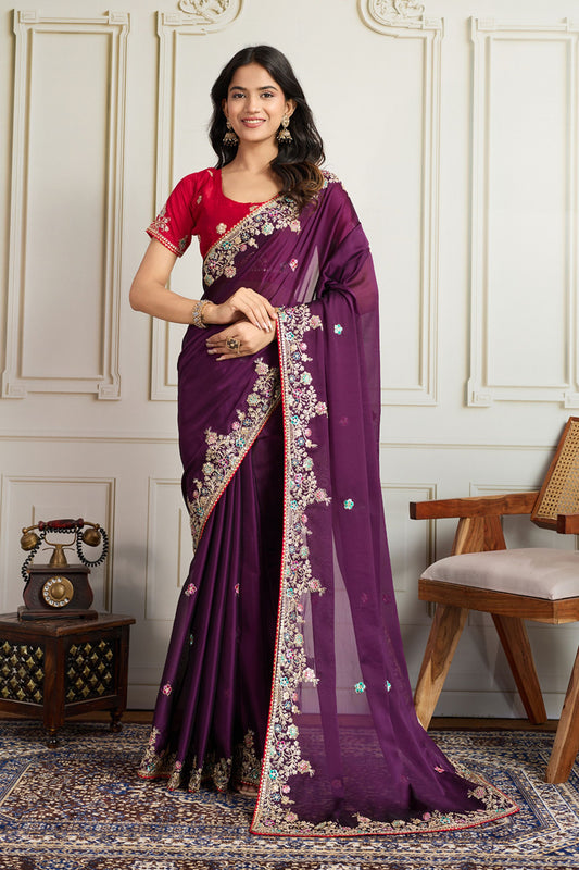 Purple Saree with Red Blouse Designer Party Wear Silk Saree