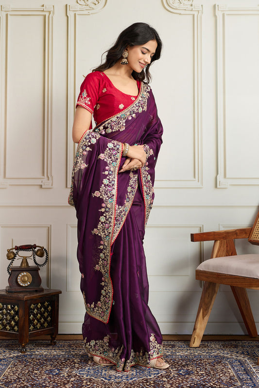 Purple Saree with Red Blouse Designer Party Wear Silk Saree