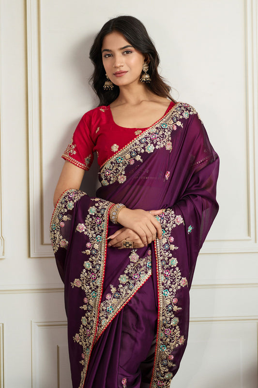 Purple Saree with Red Blouse Designer Party Wear Silk Saree