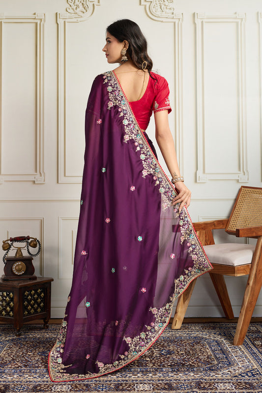 Purple Saree with Red Blouse Designer Party Wear Silk Saree