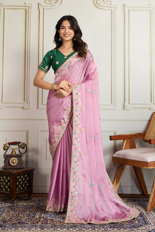 Light Pink Saree with Green Blouse Designer Party Wear Silk Saree