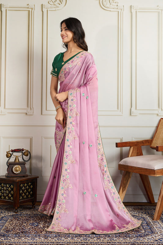 Light Pink Saree with Green Blouse Designer Party Wear Silk Saree