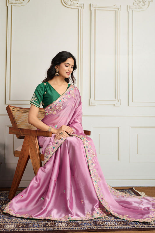 Light Pink Saree with Green Blouse Designer Party Wear Silk Saree