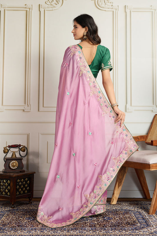 Light Pink Saree with Green Blouse Designer Party Wear Silk Saree