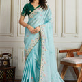 Light Blue Saree with Green Blouse Designer Party Wear Silk Saree