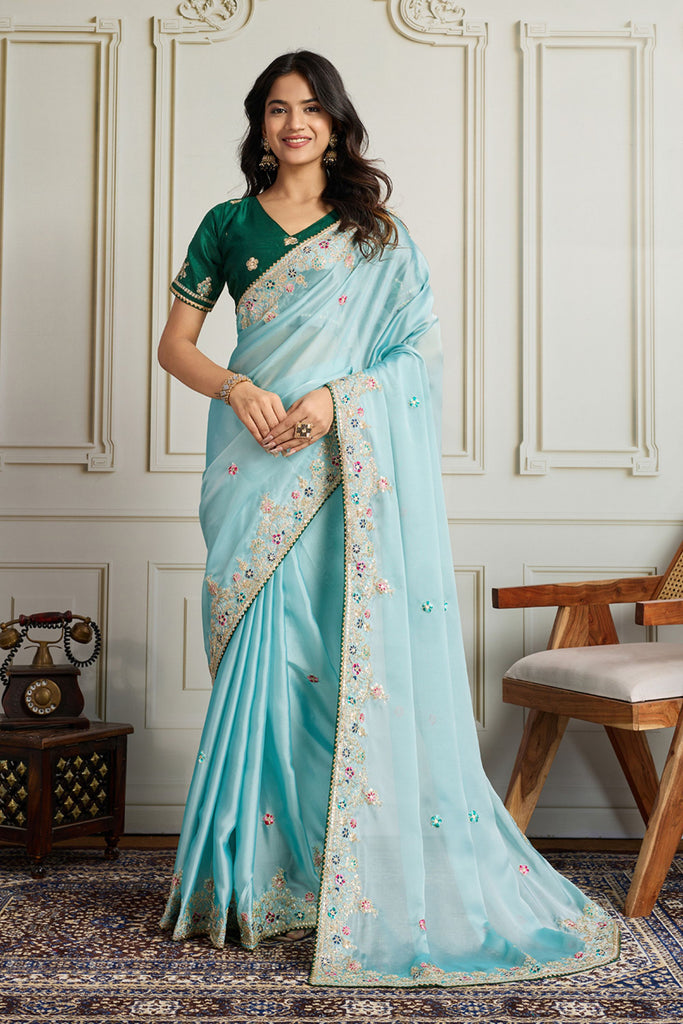 Light Blue Saree with Green Blouse Designer Party Wear Silk Saree