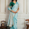 Light Blue Saree with Green Blouse Designer Party Wear Silk Saree