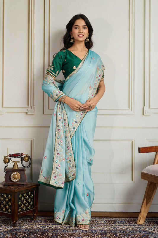 Light Blue Saree with Green Blouse Designer Party Wear Silk Saree