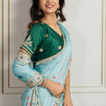 Light Blue Saree with Green Blouse Designer Party Wear Silk Saree