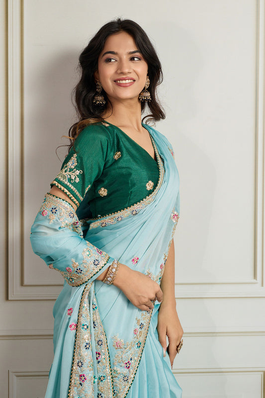 Light Blue Saree with Green Blouse Designer Party Wear Silk Saree