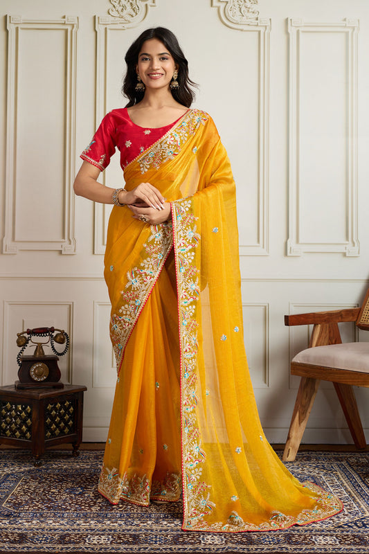 Yellow Saree with Red Blouse Designer Party Wear Silk Saree