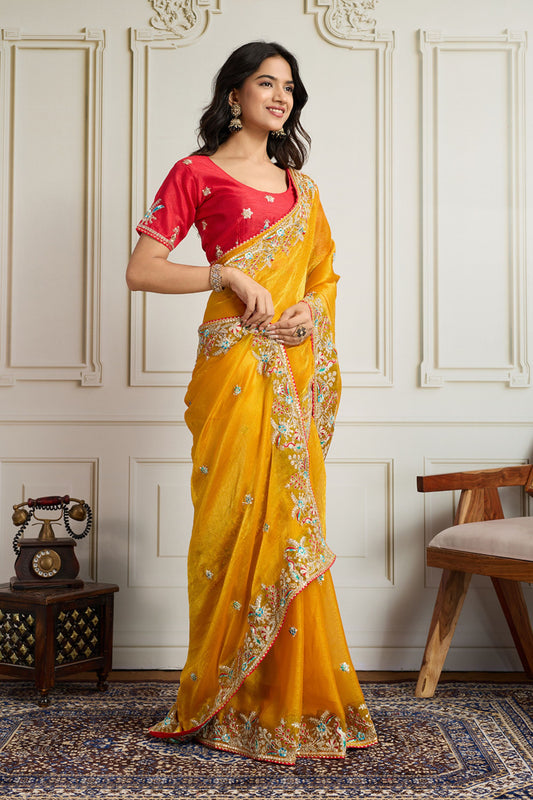 Yellow Saree with Red Blouse Designer Party Wear Silk Saree