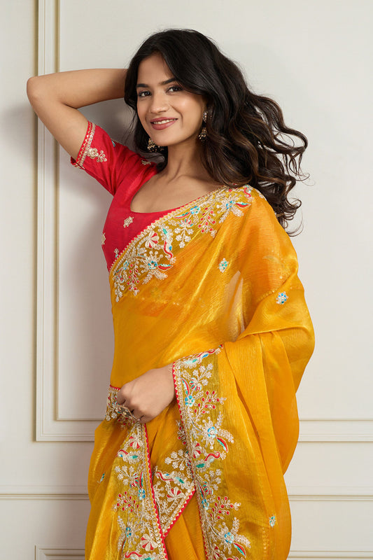 Yellow Saree with Red Blouse Designer Party Wear Silk Saree
