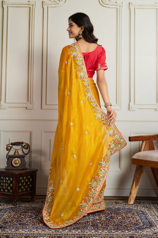 Yellow Saree with Red Blouse Designer Party Wear Silk Saree