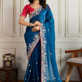 Navy Blue Saree with Red Blouse Designer Party Wear Silk Saree