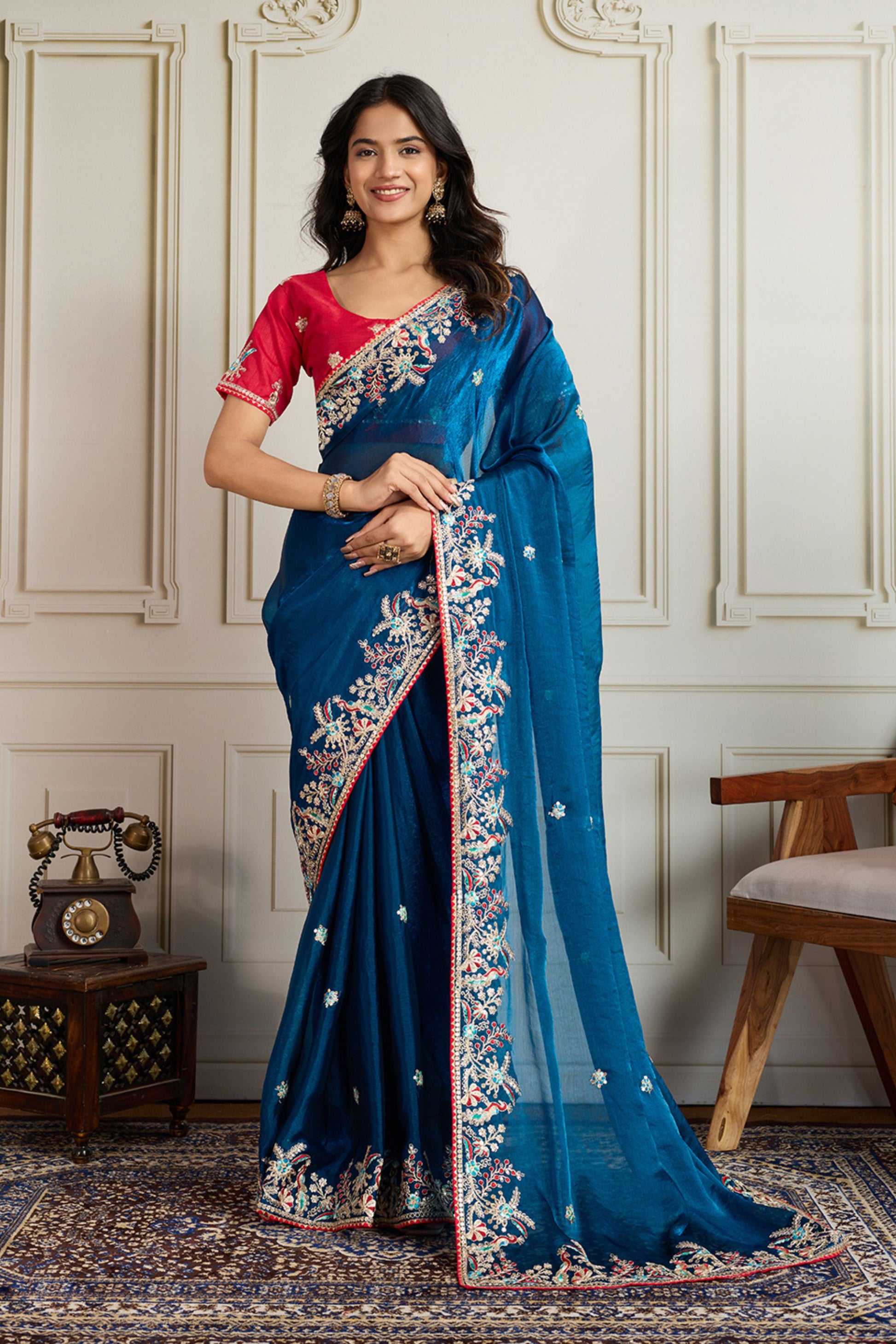 Navy Blue Saree with Red Blouse Designer Party Wear Silk Saree