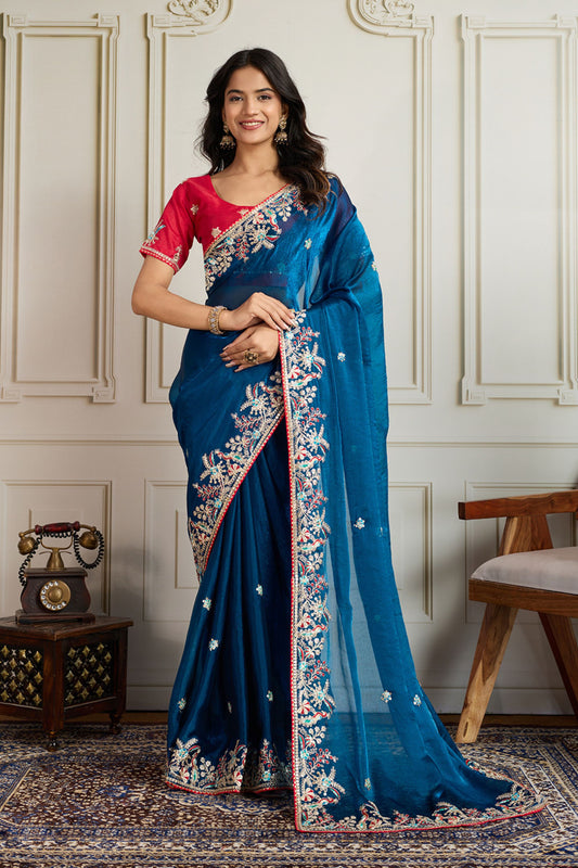 Navy Blue Saree with Red Blouse Designer Party Wear Silk Saree