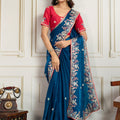 Navy Blue Saree with Red Blouse Designer Party Wear Silk Saree