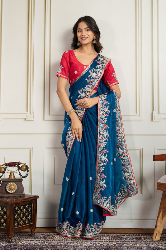 Navy Blue Saree with Red Blouse Designer Party Wear Silk Saree