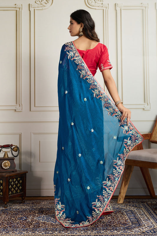 Navy Blue Saree with Red Blouse Designer Party Wear Silk Saree